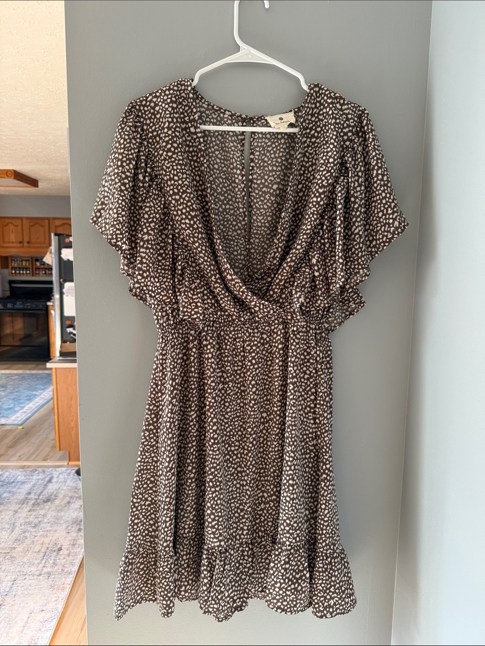 Brown Printed V-Neck Flutter Sleeve Dress